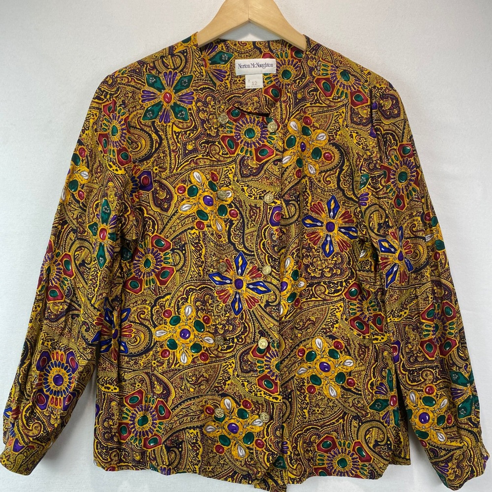 VTG Norton McNaughton Paisley Blouse Women 12 Yellow Rayon Gold Button USA Made